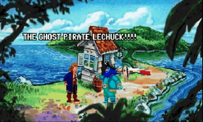 Screenshot of the encounter between Threepwood and LeChuck, taken from Monkey Island 2.